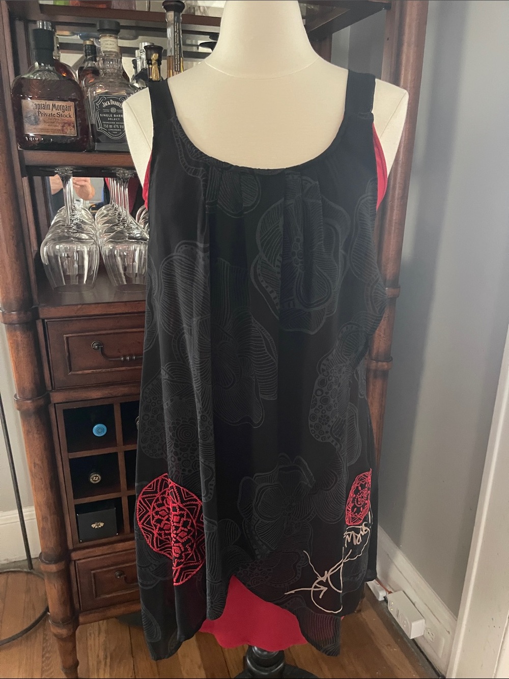 Desigual Black and Red Floral-Accented Mini Dress